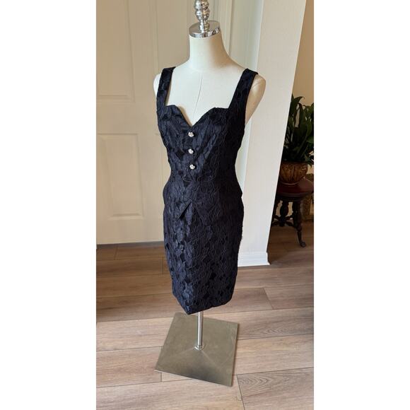 Vintage 80s Scott McClintock Black Lace Wiggle Dress Rhinestone Buttons 4P Sexy - Picture 16 of 16